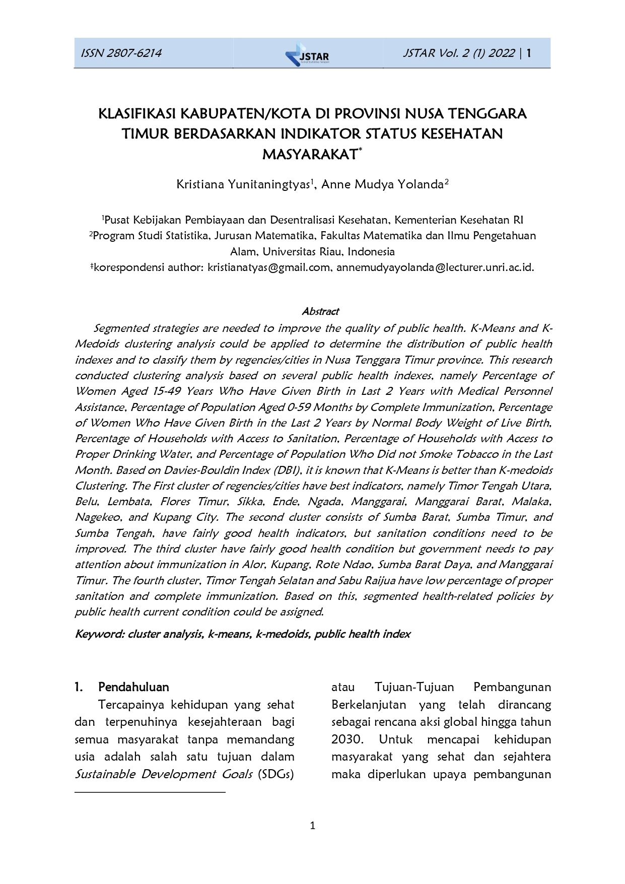 KLASIFIKASI KABUPATEN/KOTA DI PROVINSI NUSA TENGGARA TIMUR BERDASARKAN INDIKATOR STATUS KESEHATAN MASYARAKAT