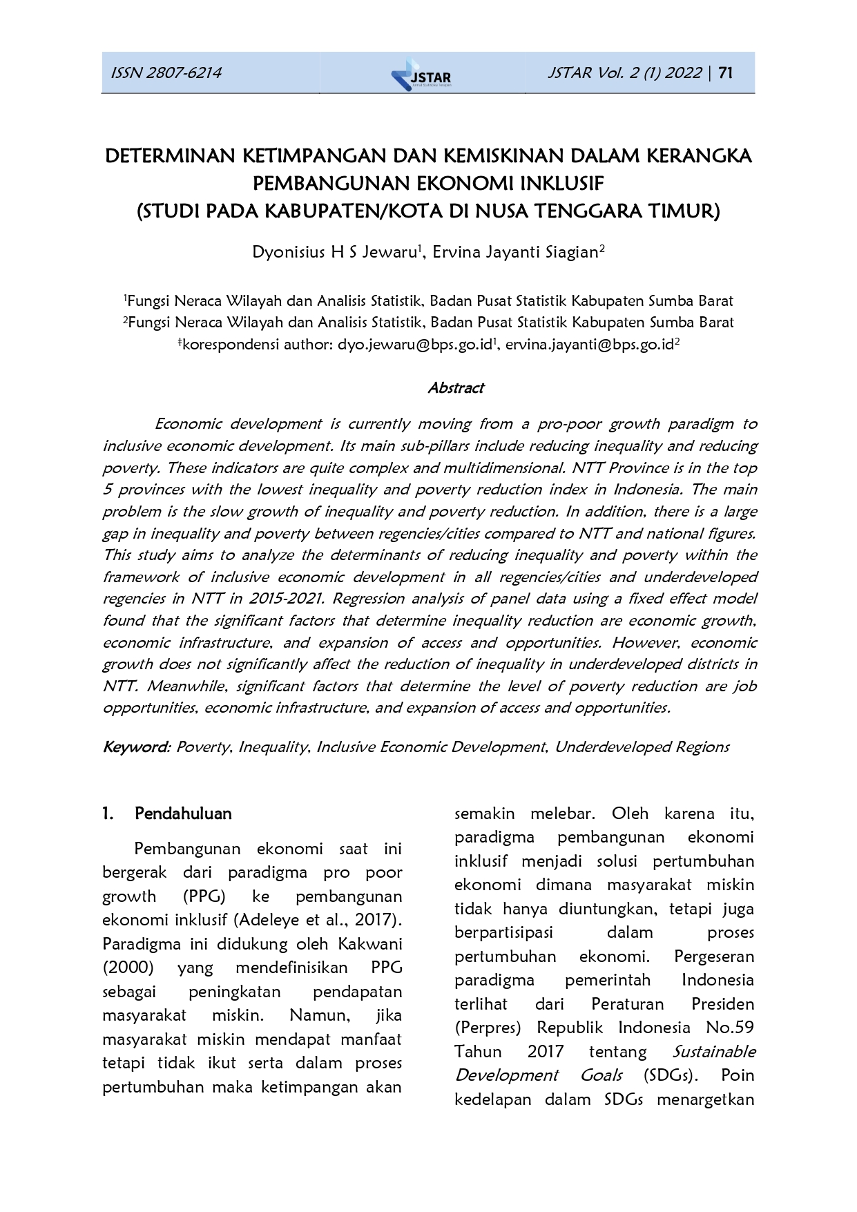 DETERMINAN KETIMPANGAN DAN KEMISKINAN DALAM KERANGKA PEMBANGUNAN EKONOMI INKLUSIF (STUDI PADA KABUPATEN/KOTA DI NUSA TENGGARA TIMUR)